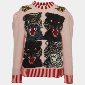 Gucci Pink Wool Tiger Intarsia Embellished Sweater M
