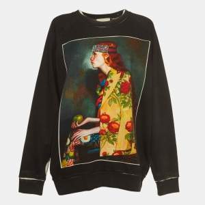 Pre Owned Gucci Black Distressed Cotton Portrait Print Sweatshirt M