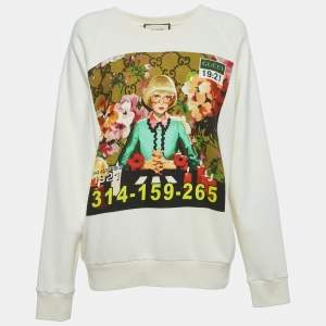 Pre Owned Gucci Off-White Portrait Printed Cotton Knit Sweatshirt S