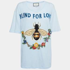Gucci Light Blue Bee Embroidered Cotton T-Shirt S