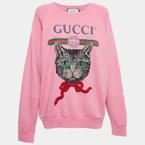 Gucci Pink Mystic Cat Logo Print Cotton Sweatshirt M