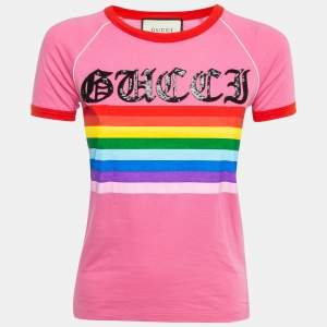 Gucci Pink Rainbow Print Cotton T-Shirt XS