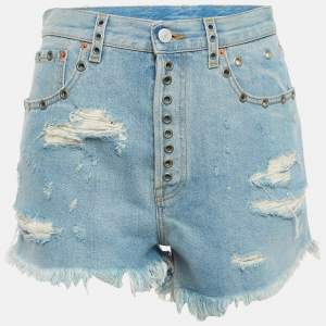 Gucci Blue Distressed Denim Embellished Shorts M Waist 29"