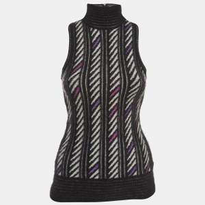 Gucci Black Patterned Cashmere Blend Sleeveless High Neck Sweater Top M