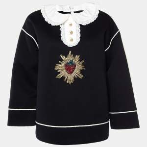 Gucci Black Strawberry Embellished Fleece Cotton Long Sleeve Top M