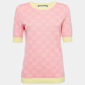 Pre Owned Gucci Pink/Yellow GG Jacquard Knit Cotton Sweater Top L