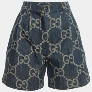 Gucci Dark Blue Jumbo GG Patterned Denim Pleated Shorts S