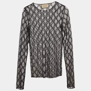 Pre Owned Gucci Black GG Embroidered Mesh Long Sleeve Top XXS