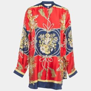 Gucci Red Floral and Tassel Print Silk Oversized Blouse M