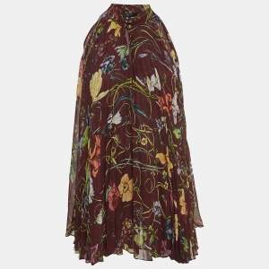 Gucci Burgundy Floral Print Silk Pleated Halter Neck Blouse M