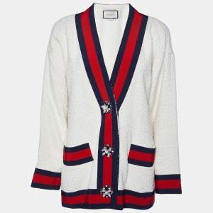 Gucci Off-White Tweed Web Trim Detail Oversized Cardigan S
