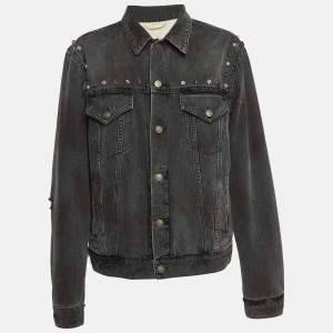 Gucci Grey Distressed Ripped Denim Metal Detail Jacket XL