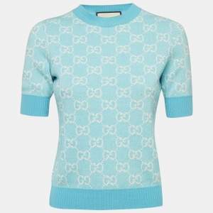 Pre Owned Gucci Light Blue GG Jacquard Knit Top XS