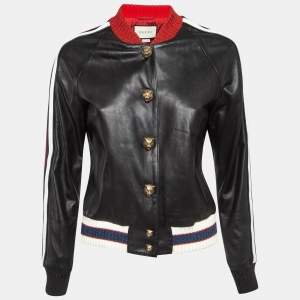 Gucci Black Hollywood Embroidered Leather Bomber Jacket M