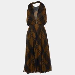 Gucci Green Checked Silk Halter Neck Midi Dress XS