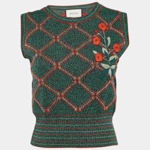 Gucci Green Embroidered Wool Blend Pullover Vest XS
