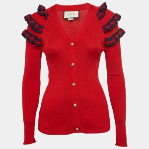 Gucci Red Knit Ruffled Buttoned Cardigan S