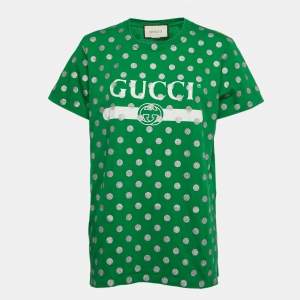 Gucci Green Glitter Polka Dot Logo Print Cotton Crew Neck T-Shirt XS