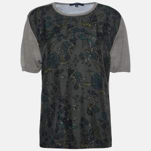 Gucci Olive Green Floral Print Silk & Knit Crew Neck Jumper M
