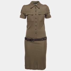 Gucci Green Stretch Crepe Belted Midi Dress S