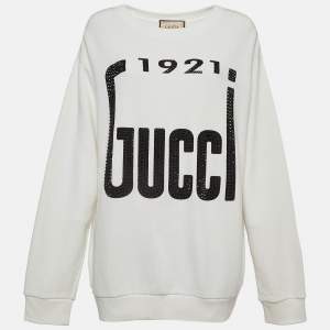 Gucci Off White Crystal Printed Cotton Sweatshirt M
