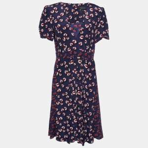 Gucci Navy Blue Printed Silk Flared Midi Dress M