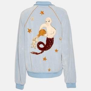 Gucci Blue Embroidered Velvet Zip Up Bomber Jacket S