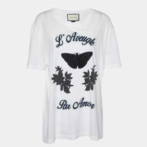 Gucci White L'Aveugle Par Amour Print Cotton Crew Neck T-Shirt L