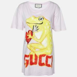 Gucci Pink Frog Logo Print Cotton Crew Neck T-Shirt S