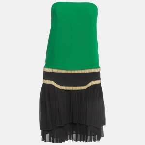 Gucci Green & Black Silk Pleated Strapless Dress S