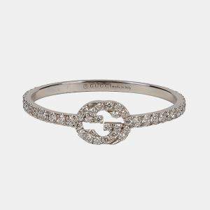 Gucci 18K White Gold Diamond Interlocking G Ring Size 16