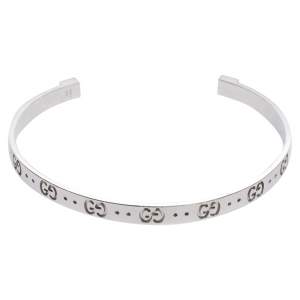 Gucci GG Motif 18K White Gold Narrow Open Cuff Bracelet 