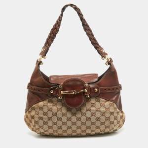 Pre Owned Gucci Brown/Beige GG Canvas and Leather Horsebit Flap Hobo