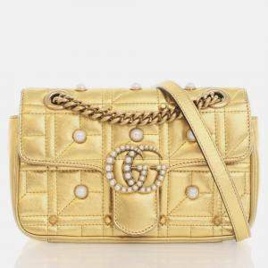 Gucci Golden Metallic Leather GG Marmont Matelassé Small Pearl Shoulder Bag