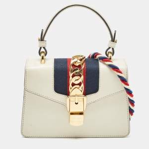 Pre Owned Gucci White Leather Mini Web Sylvie Top Handle Bag