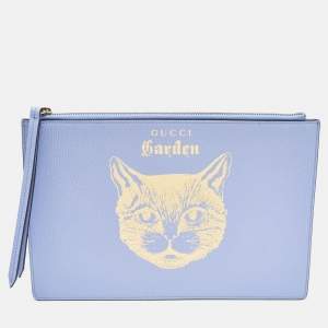 Pre Owned Gucci Purple/Gold Leather Garden Cat Zip Pouch