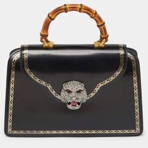 Pre Owned Gucci Black Leather Medium Thiara Lisse Cornice Crystal Bamboo Top Handle Bag