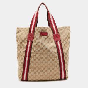 Pre Owned Gucci Beige/Red GG Canvas Web Shopper Tote