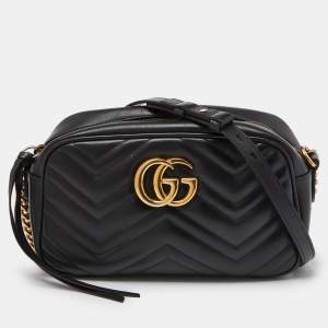 Pre Owned Gucci Black Matelassé Leather Small GG Marmont Shoulder Bag