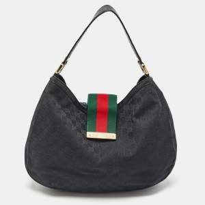 Pre Owned Gucci Black GG Canvas and Leather New Ladies Web Hobo