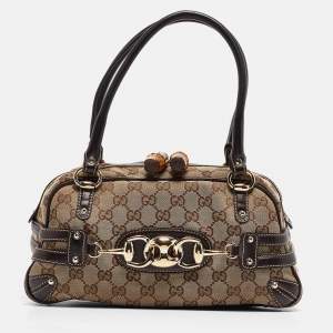 Pre Owned Gucci Brown/Beige GG Canvas and Leather Horsebit Wave Boston Bag