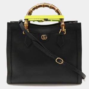 Gucci Black Leather Medium Bamboo Diana Tote Bag