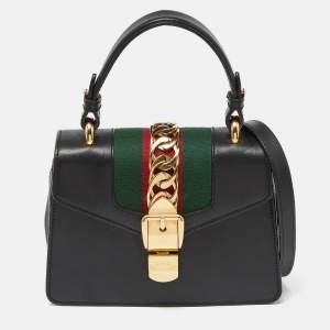 Pre Owned Gucci Black Leather Mini Web Chain Sylvie Top Handle Bag