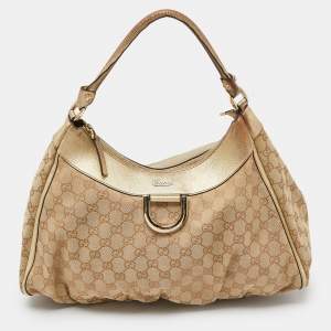 Pre Owned Gucci Biege/Gold GG Canvas and Leather Large D Ring Hobo