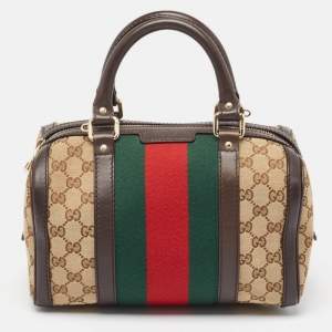 Gucci Brown/Beige GG Canvas and Leather Web Boston Bag
