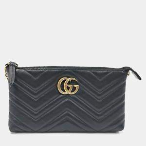 Pre Owned Gucci Black Matelasse Leather GG Marmont Clutch with Chain