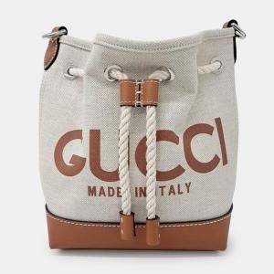 Gucci Beige/Brown Canvas and Leather Gucci Logo Bucket Bag