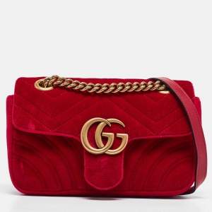 Pre Owned Gucci Red Matelasse Velvet Mini GG Marmont Shoulder Bag