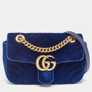 Pre Owned Gucci Blue Matelasse Velvet Mini GG Marmont Shoulder Bag