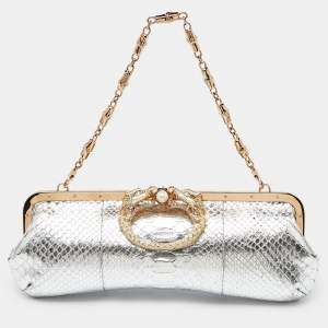 Pre Owned  Gucci Silver Python Crystal Dragon Chain Clutch